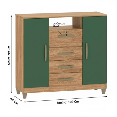 Cómoda cajonera 4 cajones 2 puertas - Con llave MARRÓN-VERDE