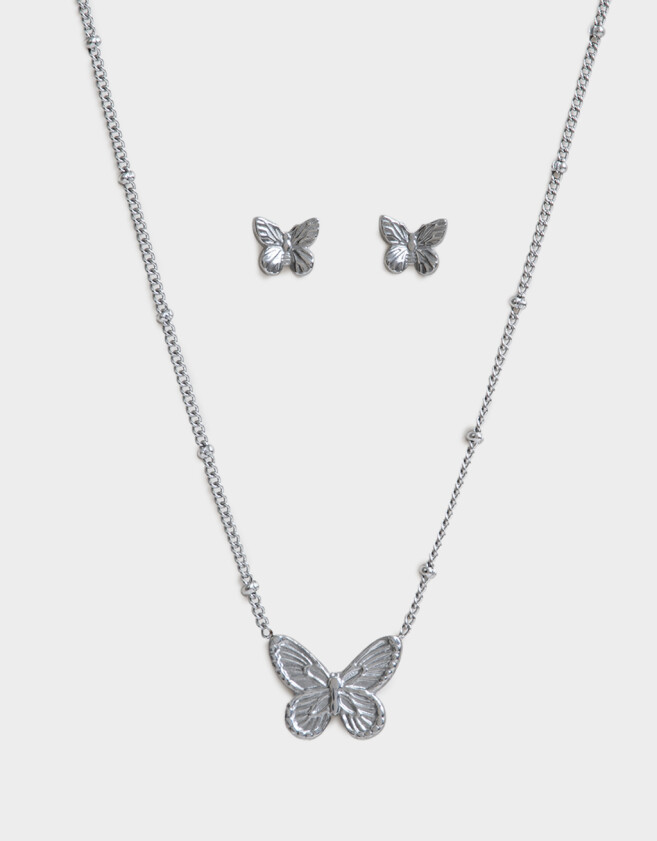 Bijouterie Set Acero quirúrgico Set De Aros Y Cadena Mariposa - Plateado