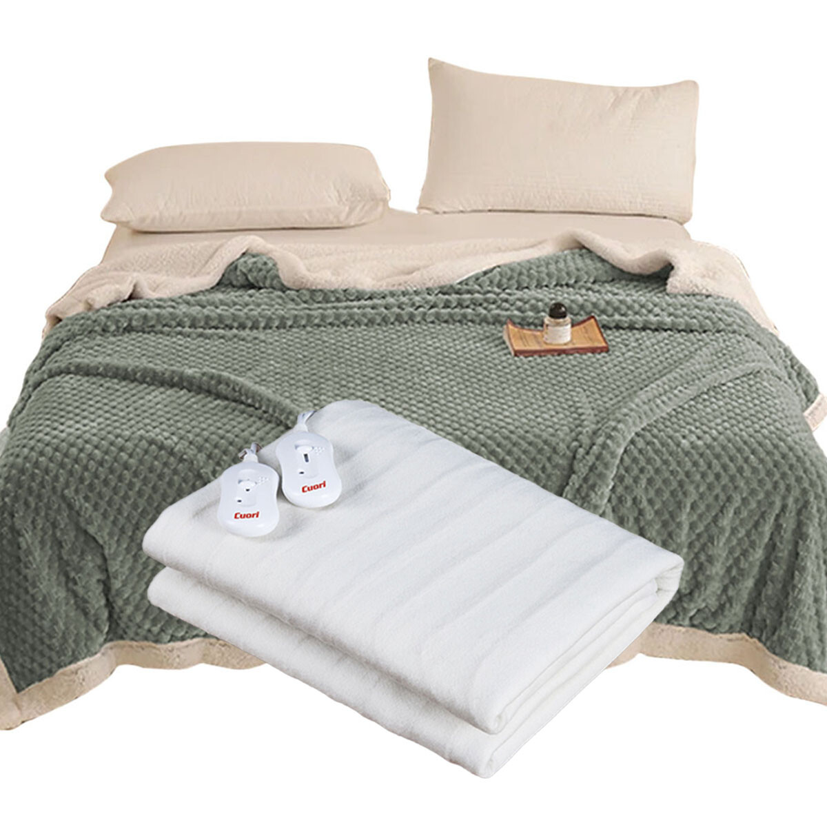 Set Invierno Frazada Polar 2 Plazas + Calienta Cama CuorI - Gris Verdoso 