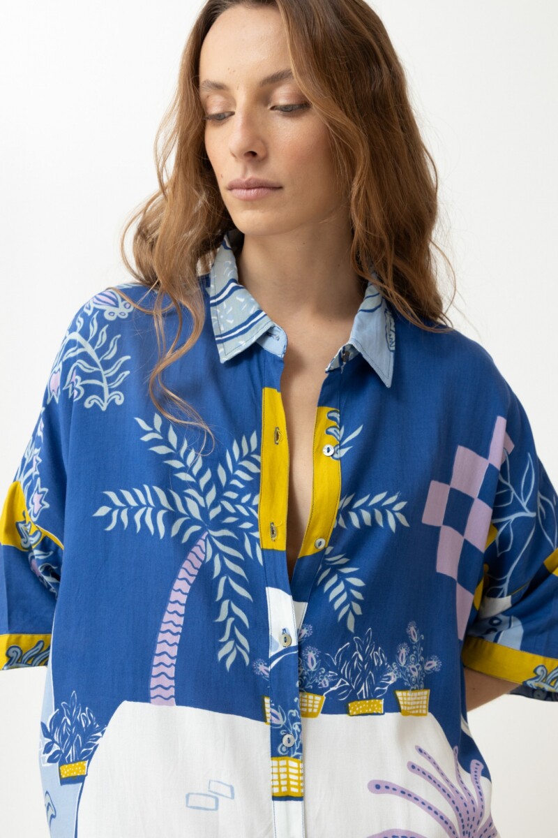 Vestido camisero con estampa paisaje Punta Ballena azul regata