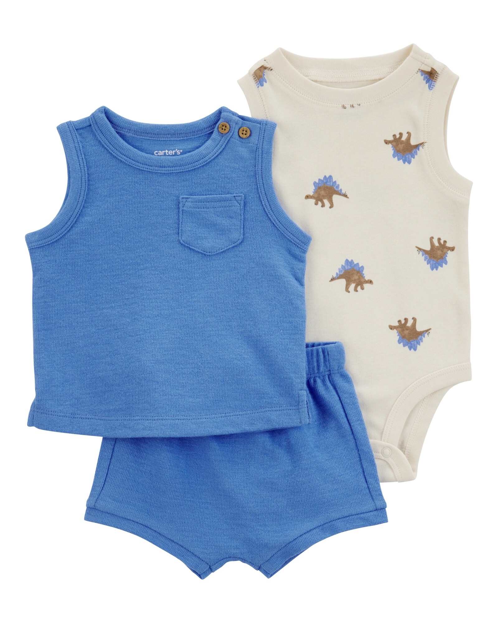 Set tres piezas de algodón, short, musculosa y body, diseño dinos Sin color