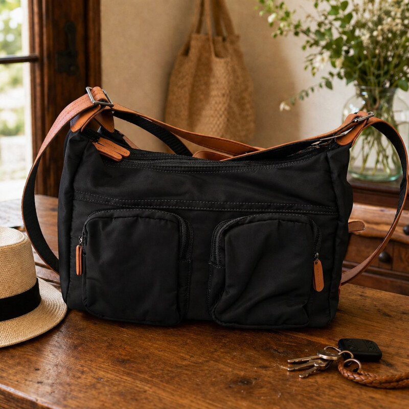 Bandolera Morral de Dama en Tela Impermeable Negro c/Suela