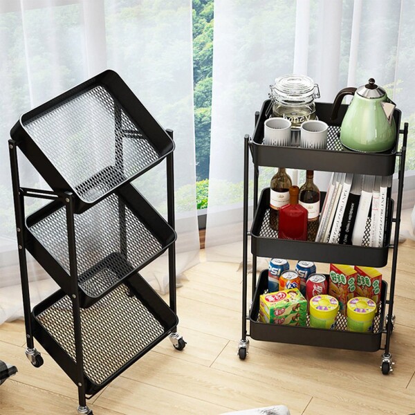 Carro Organizador 3 Estantes Con Ruedas Multiuso Plegable Color Variante Negro