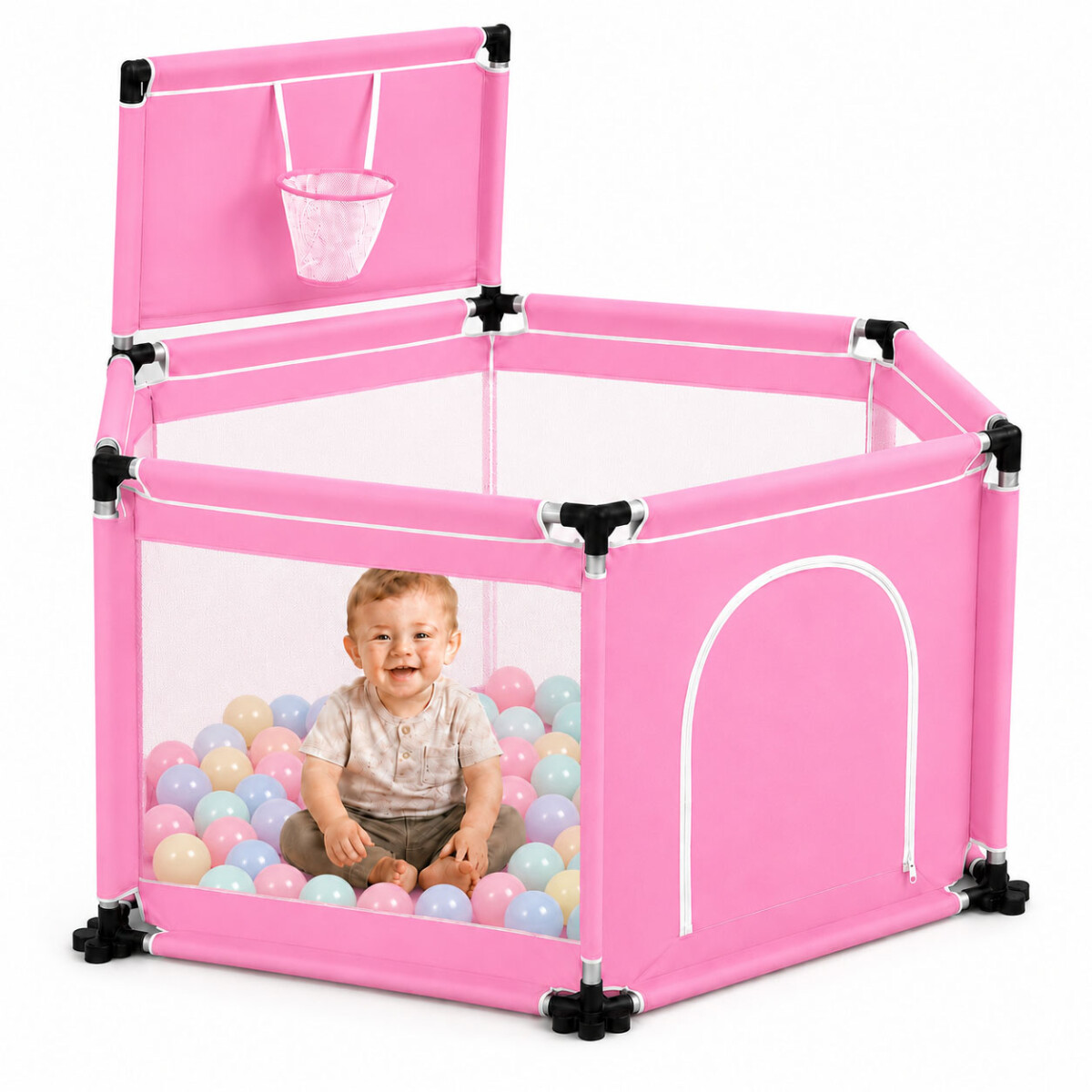 Corral Bebé Plegable Con Aro Basket Pelotero Seguro - Rosa 