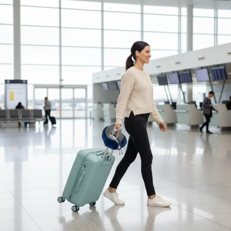 Set Valija Mediana Rígida + Almohadón Cervical Memoria Azul Celeste