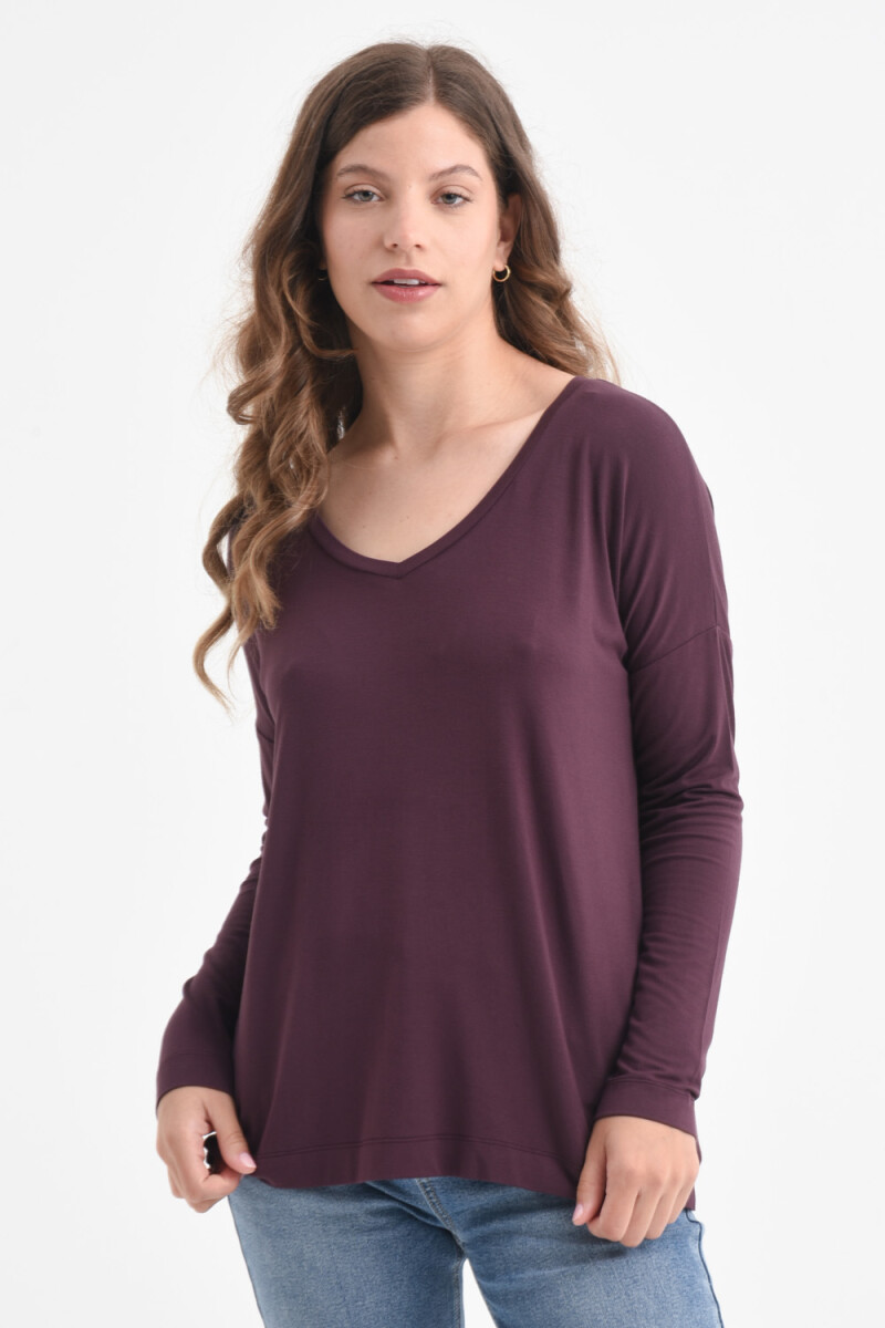 Remera manga larga escote en V - Ciruela 