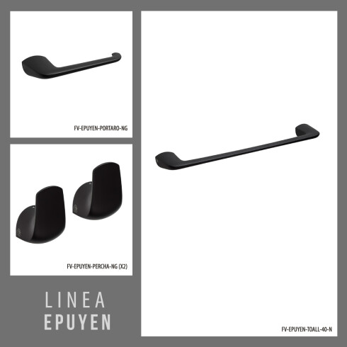 Set De Accesorios Negro Mate Incluye 2 Perchas, Portarollo Y Toallero Barral 40Cm. Epuyen Fv 000