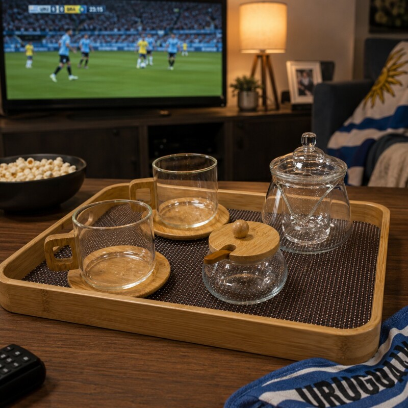 Combo Bentancur Set 2 Mug de Vidrio con Base Bambú, Tetera de Vidrio, Azucarero de Vidrio Y Bandeja Rectangular Simil Rattán Combo Bentancur Set 2 Mug de Vidrio con Base Bambú, Tetera de Vidrio, Azucarero de Vidrio Y Bandeja Rectangular Simil Rattán
