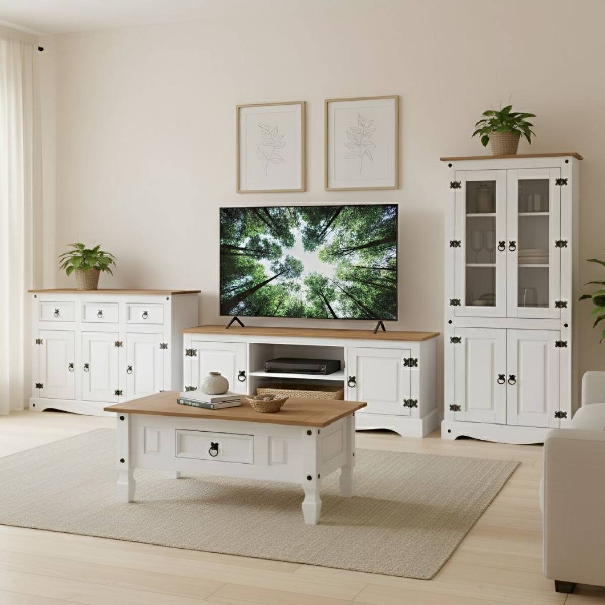Promo Cristalero + Mesa de Living + Aparador + Rack de TV Linea Naturale - Blanco/Roble 