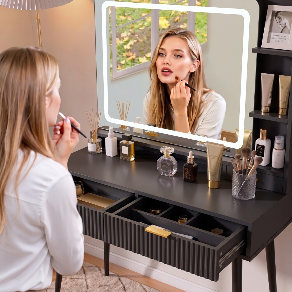 TOCADOR MAQUILLAJE MODERNO ESPEJO LUZ LED + ENCHUFE 3 CAJONES REPISAS ORGANIZADORAS PATAS METÁLICAS NEGRO