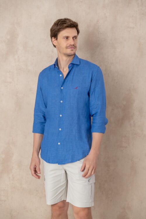 Camisa Lino Hudson Collar Azul melange