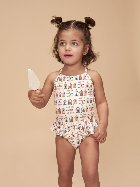 Traje De Baño Estampado Casitas Blanco Roto