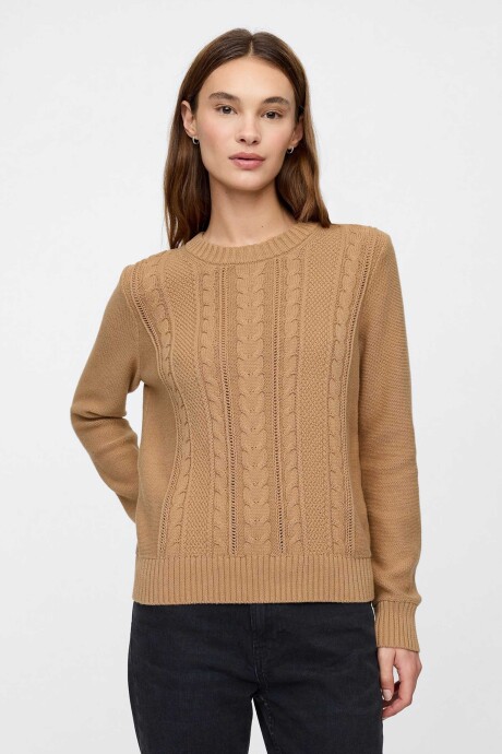 Buzo Cuello Redondo Cable Mujer Camel Hair