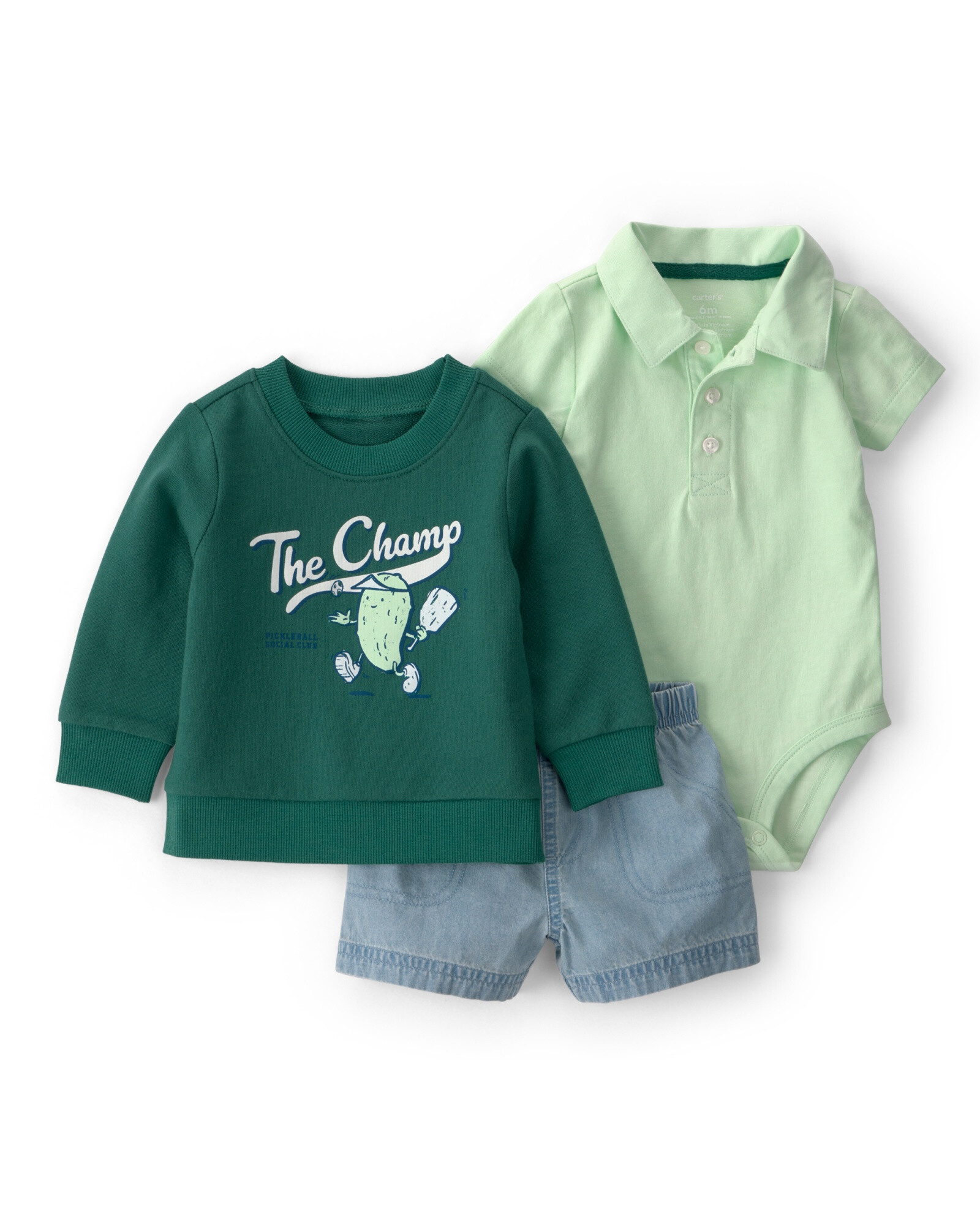 Set tres piezas, short de chambray, buzo y body polo de algodón, estampa deportiva Sin color