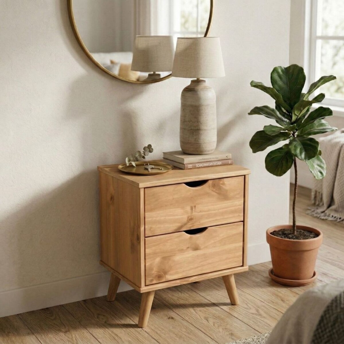 Mesa De Luz Madera Maciza Nordica 2 Cajones - Linea Dublin 