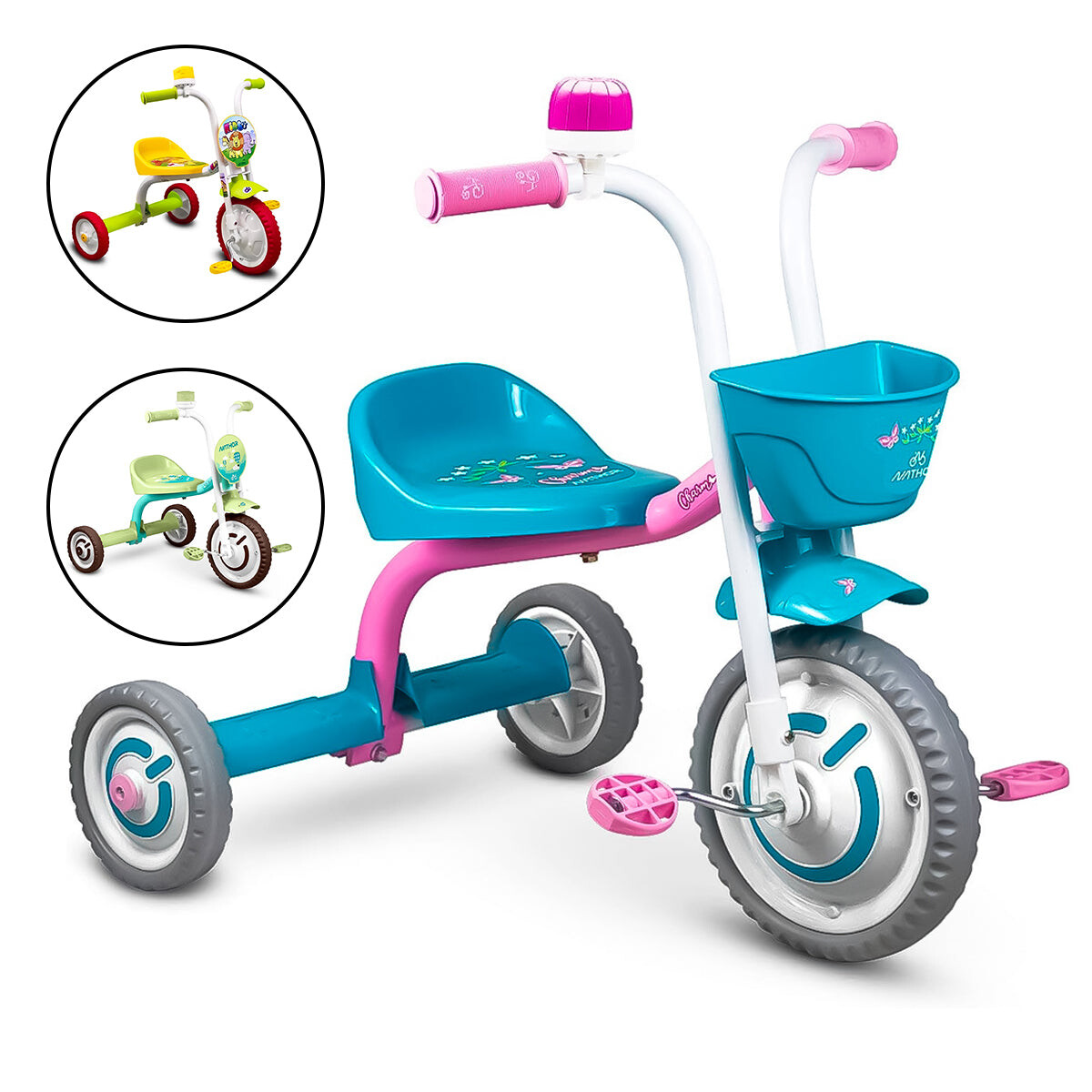 Triciclo Infantil En Aluminio A Pedal C/ Bocina Niño - Celeste/Rosa 