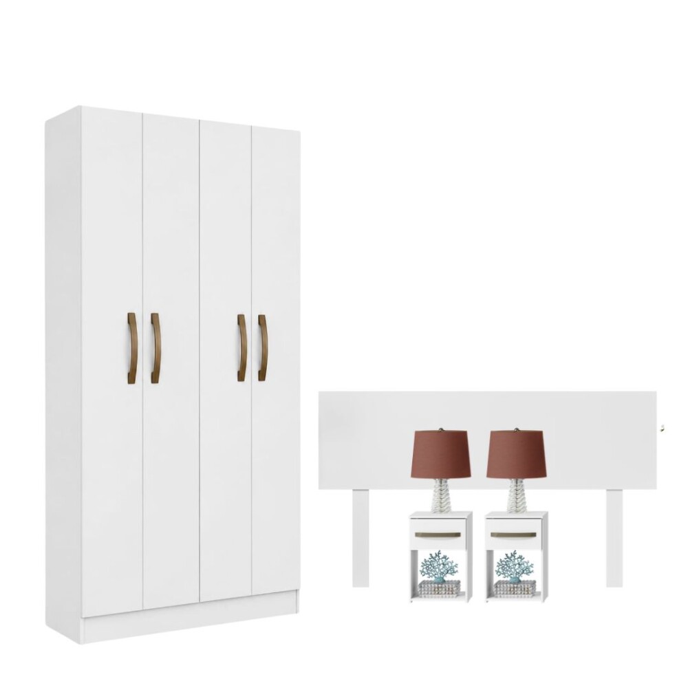 COMBO DORMITORIO – ROPERO 4 PUERTAS + RESPALDO + 2 MESAS DE LUZ BLANCO