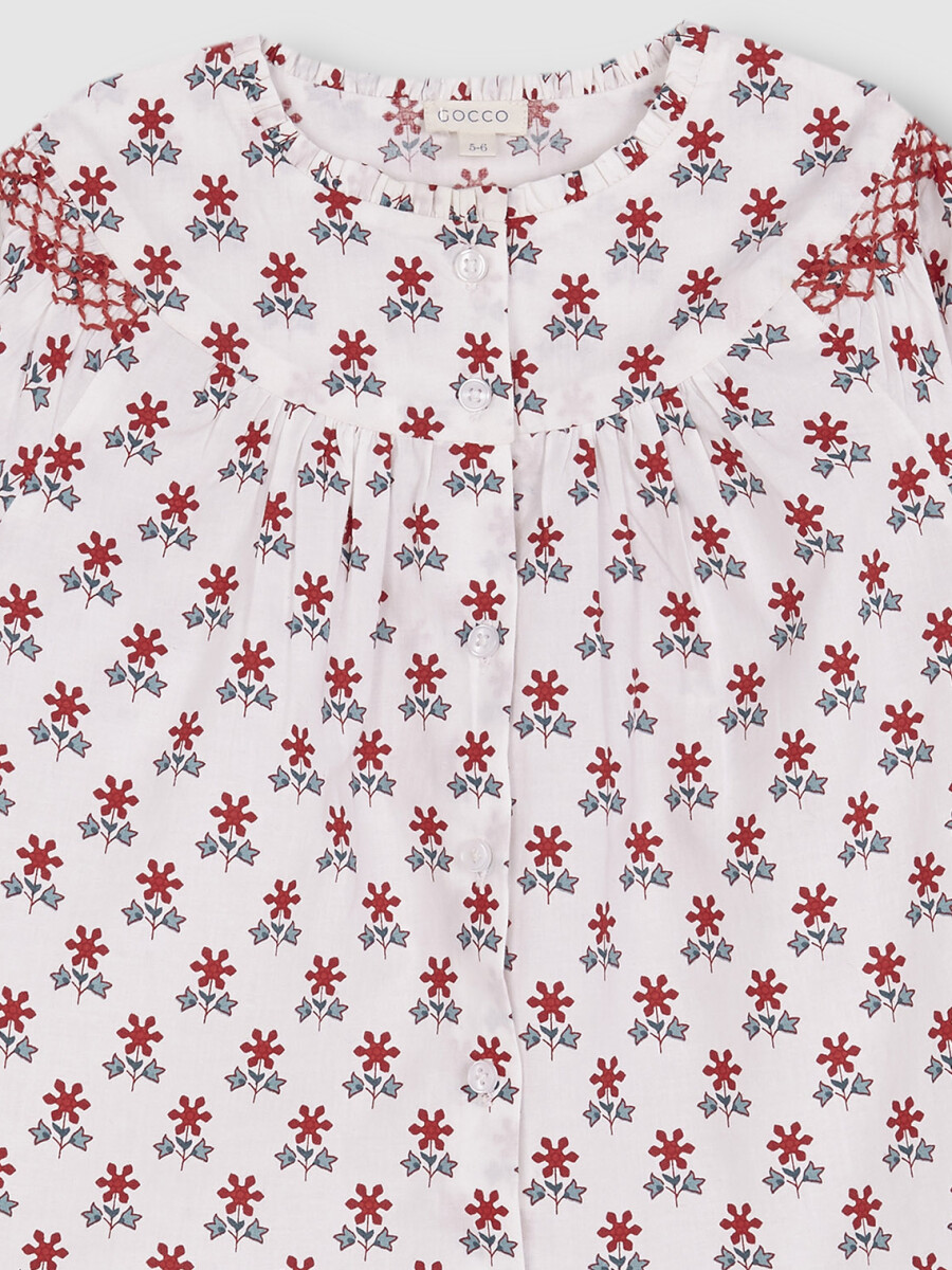 Camisa Estampada Con Bordados En Manga Blanco Roto