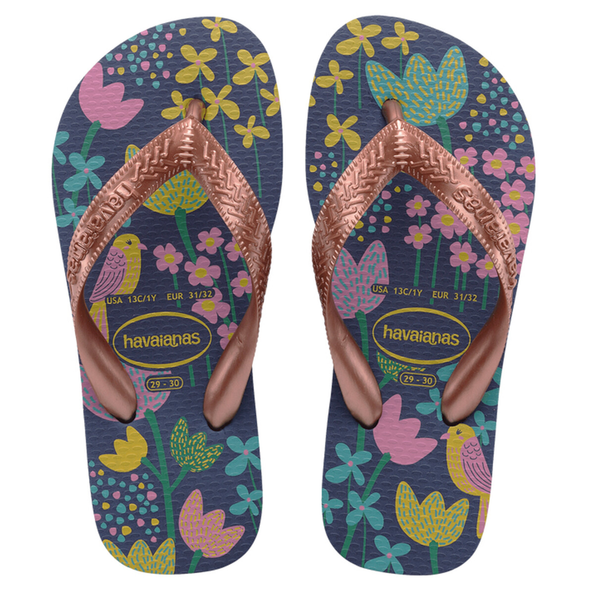 Sandalias Infantiles Havaianas Hav.Kids Flores - Azul Marino - Dorado 