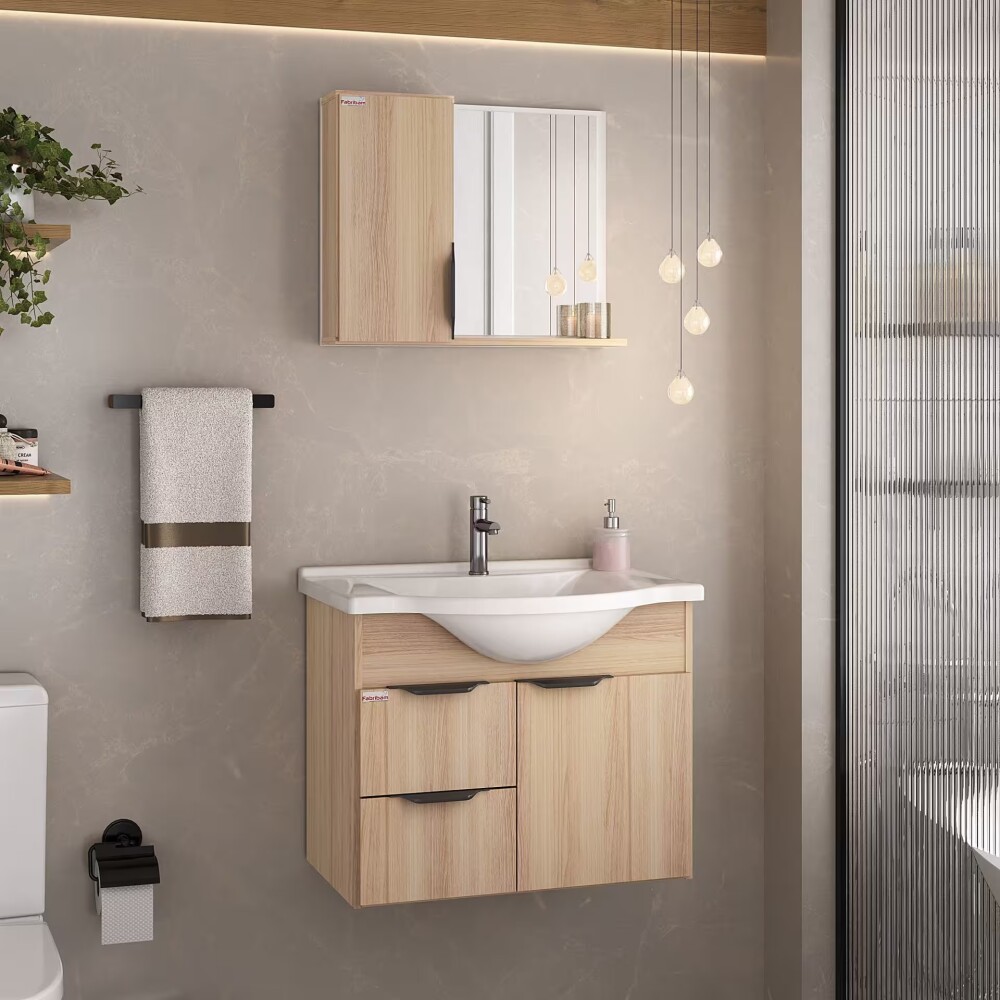 Mueble de baño suspendido Crystal Roble 56 cm Bacha de resina natural y espejo con botiquín Mueble De Baño Suspendido Crystal Roble 56 Cm Bacha De Resina Natural Y Espejo Con Botiquín