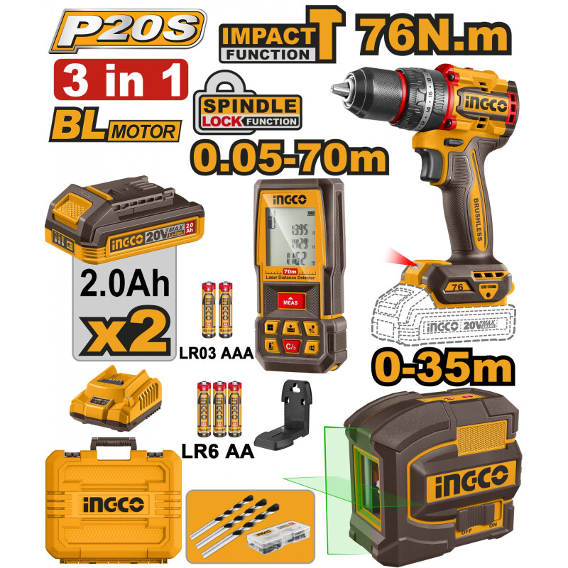 KIT COMBO P20S 20V TALADRO ATORN. C/PERCUTOR 76NM + NIVEL LASER AUTONIVELANTE 35 KIT COMBO P20S 20V TALADRO ATORN. C/PERCUTOR 76NM + NIVEL LASER AUTONIVELANTE 35