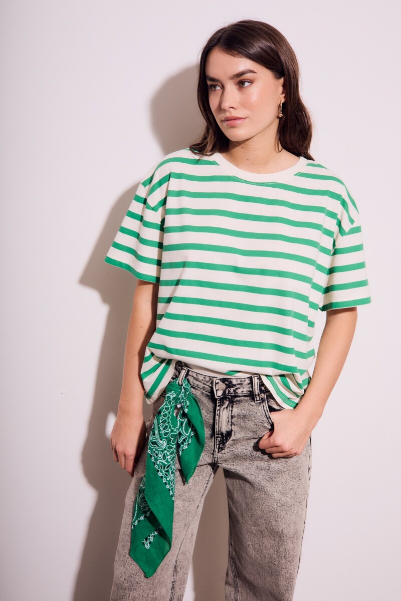Remera Algodon Lavado Rayada Verde Verde