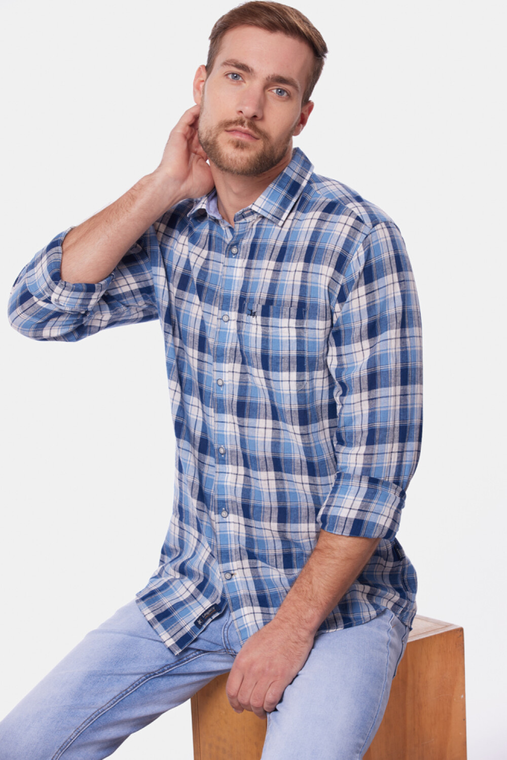 CAMISA DE LINO A CUADROS Azul