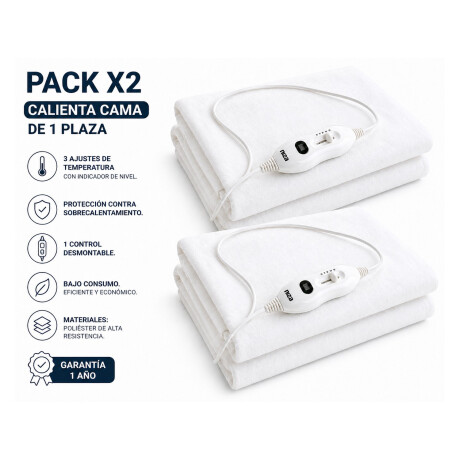 Set X2 Calienta Cama 1 Plaza 150*80 Cm 3 Intensidades Blanco
