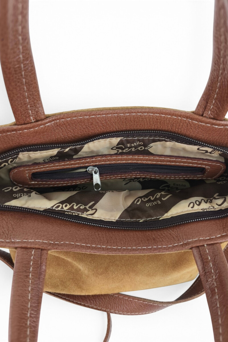 Cartera balde chica en cuero y gamuza Camel