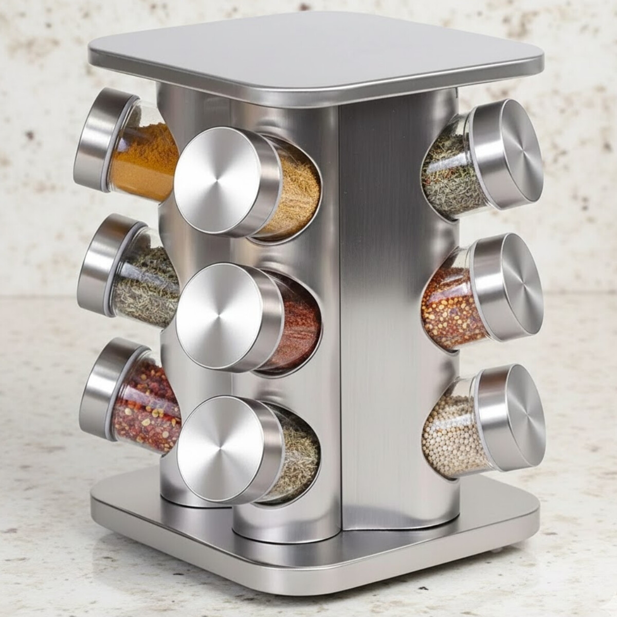 Especiero cuadrado giratorio 12 frascos INOX - PLATEADO 