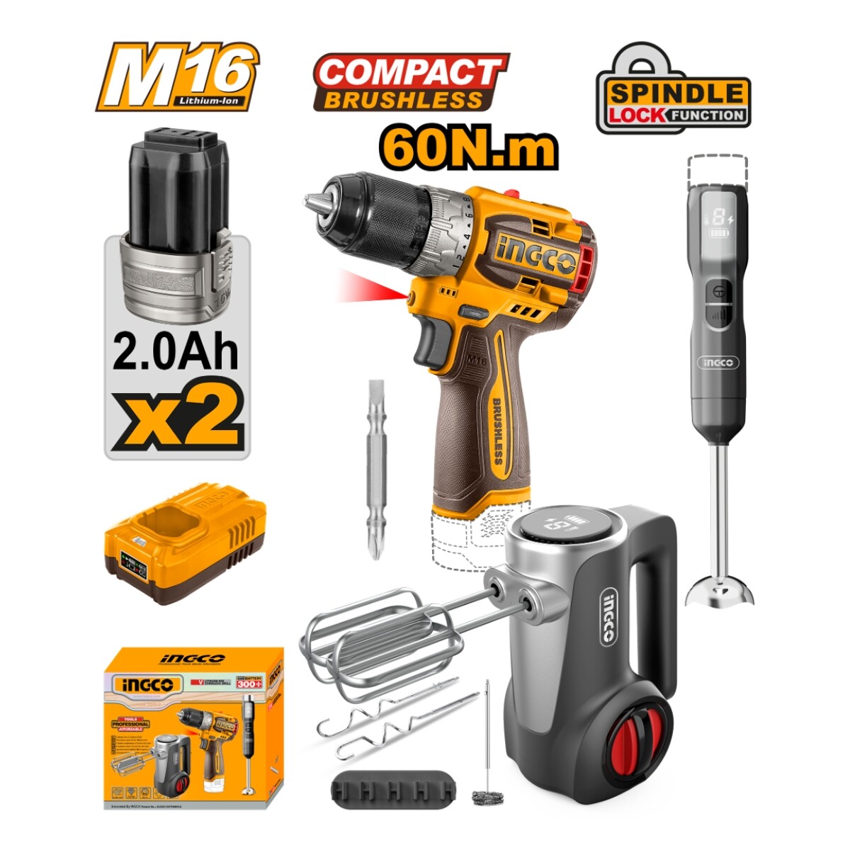 Combo Atornillador a Bateria Ingco 16V M16+ Mixer + Batidora + 2 Baterias 