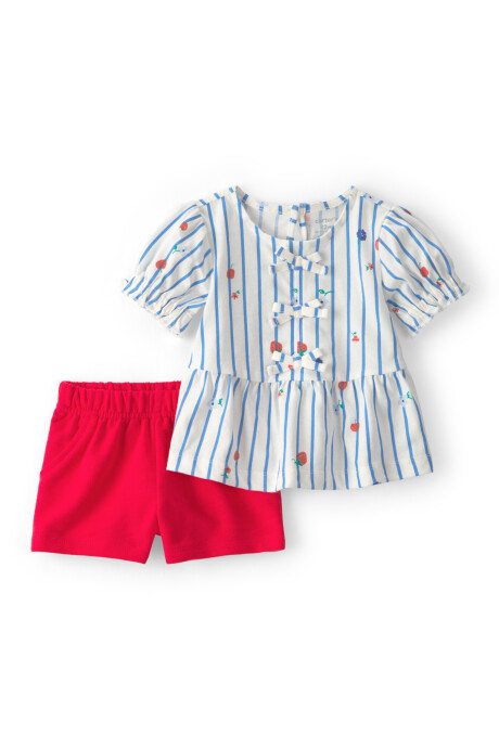 Set dos piezas de algodón, short rojo y remera blanca con rayas azules.Talles 6-24M Sin color