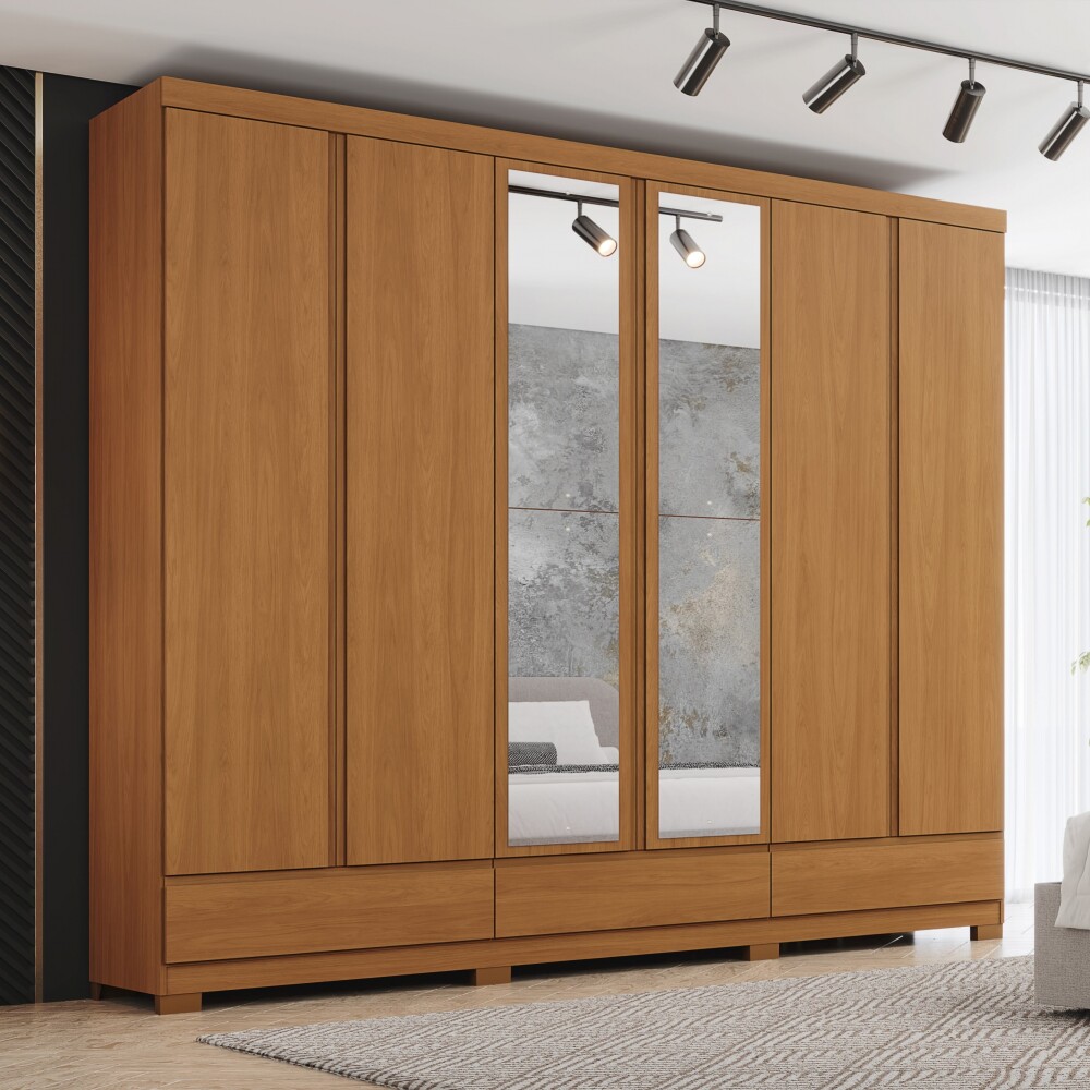ROPERO IMPERIAL 6 PUERTAS 9 CAJONES CON ESPEJOS GUARDARROPA CLOSET ARMARIO 100% MDF COLOR MADERA