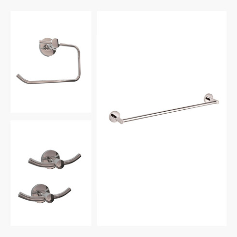 SET DE ACCESORIOS INCLUYE 2 PERCHAS DOBLES,TOALLERO Y PORTA ROLLO, LINEA ROMA 000