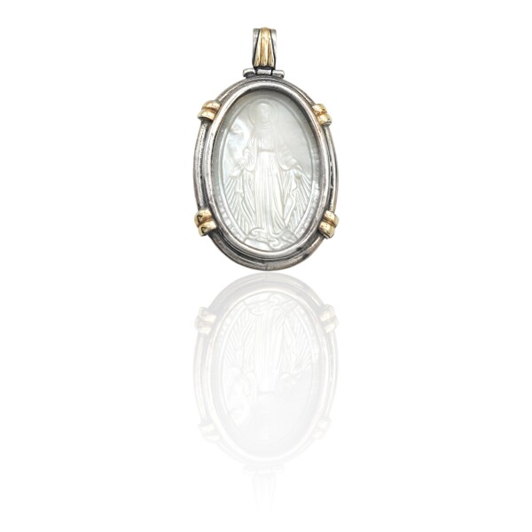 Dije Colgante Oval Virgen Milagrosa-Plata 925 y Oro-Con Piedra Nacar-CP5205 conpiedra