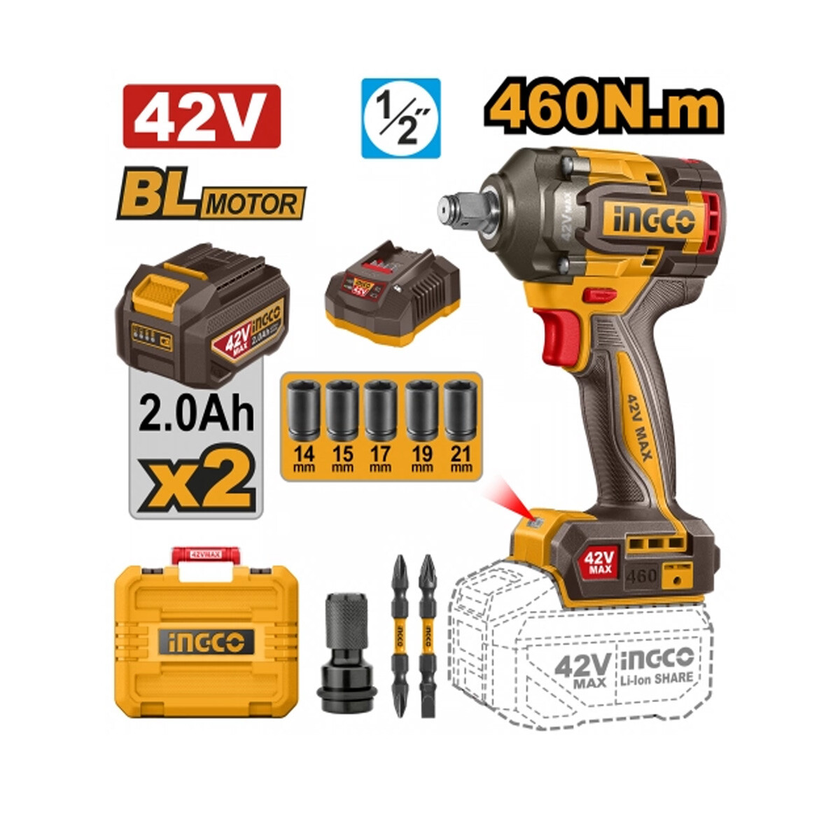 LLAVE DE IMPACTO 460NM A BATERIA 42V + 2 BAT 2.0AH + CARGADOR + ACCESORIOS + VAL 