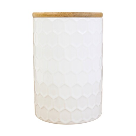 Recipiente de ceramica blanca con tapa de madera Recipiente de ceramica blanca con tapa de madera