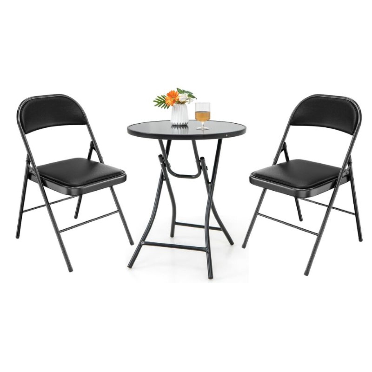 MESA REDONDA PLEGABLE DE VIDRIO + 2 SILLAS 