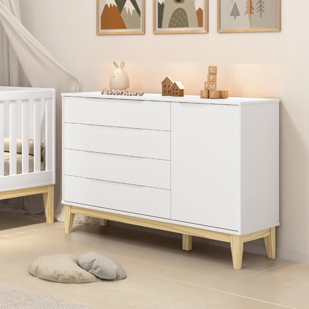 Cómoda 4 Cajones 1 Puerta Infantil - Elfe Blanco