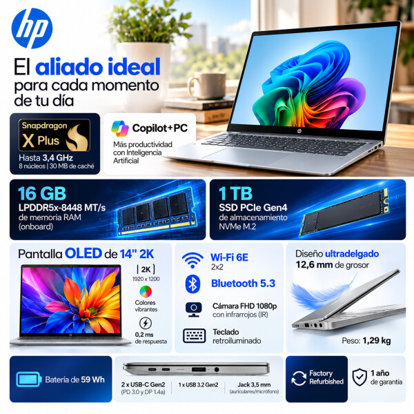 Notebook Hp Snapdragon X 3.0ghz, 16gb, 512gb Ssd, 14" Oled NOTEBOOK HP OMNIBOOK 5AI SNAPD/16/512/RF
