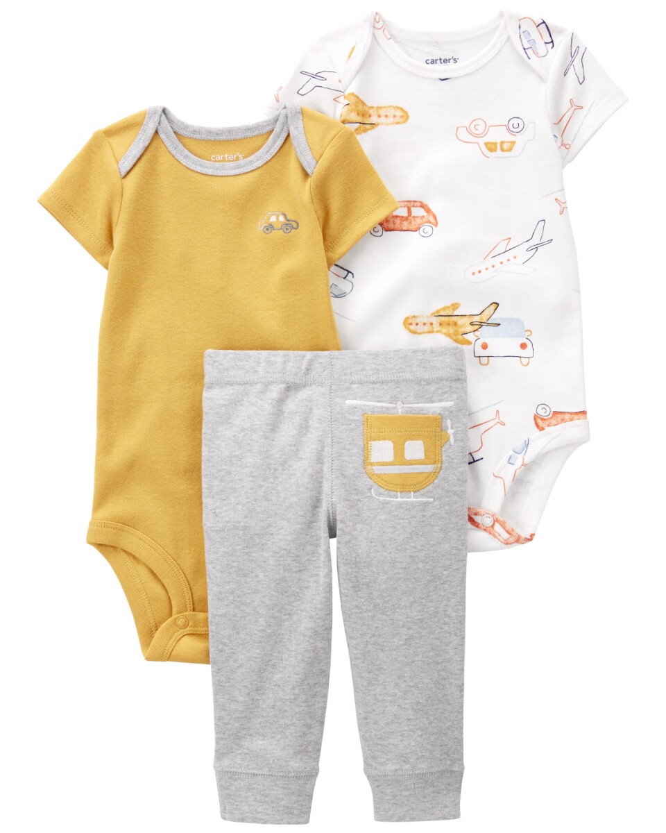 Set tres piezas de algodón, pantalón y bodies, diseño vehículos 