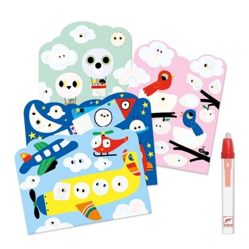 DJ090 Set De Dibujos Para Colorear Mágicos 4 Láminas Djeco - Vehículos