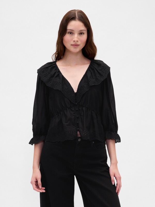 LS RUFFLE COLLAR TOP TRUE BLACK