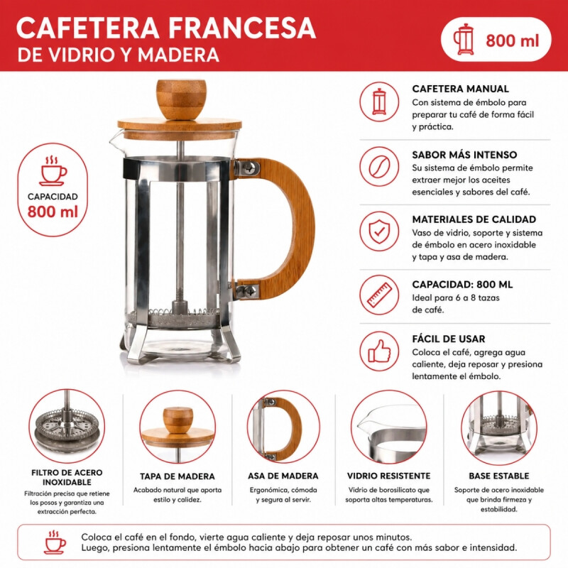 Cafetera francesa de vidrio y madera 800 ml MADERA