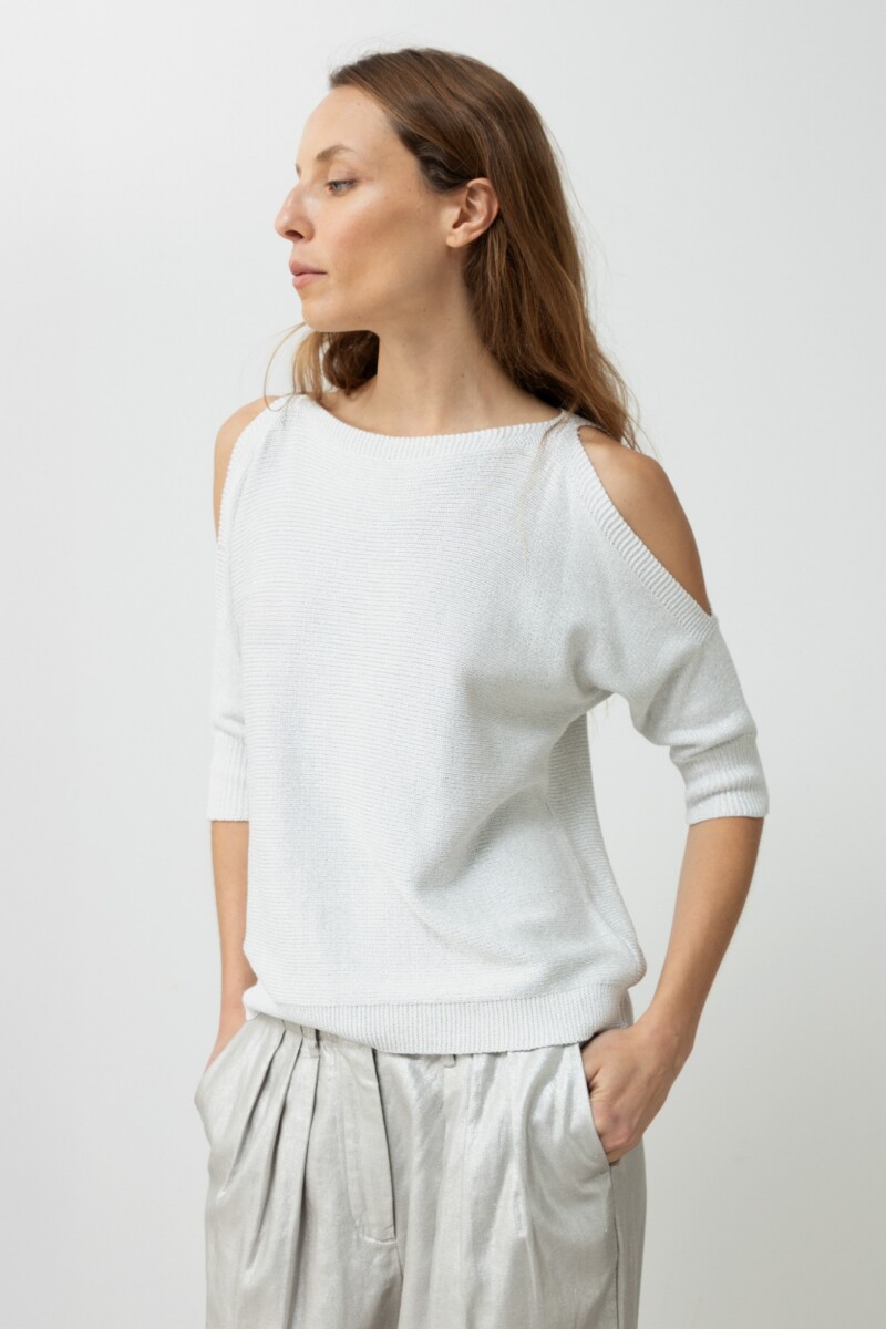 Sweater lurex hombros descubiertos plateado