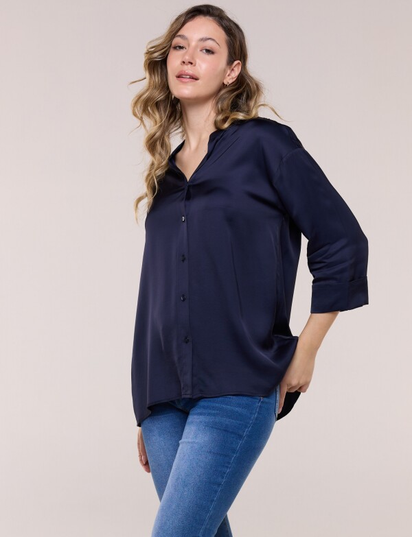 Camisa Saten Cuello Mao AZUL