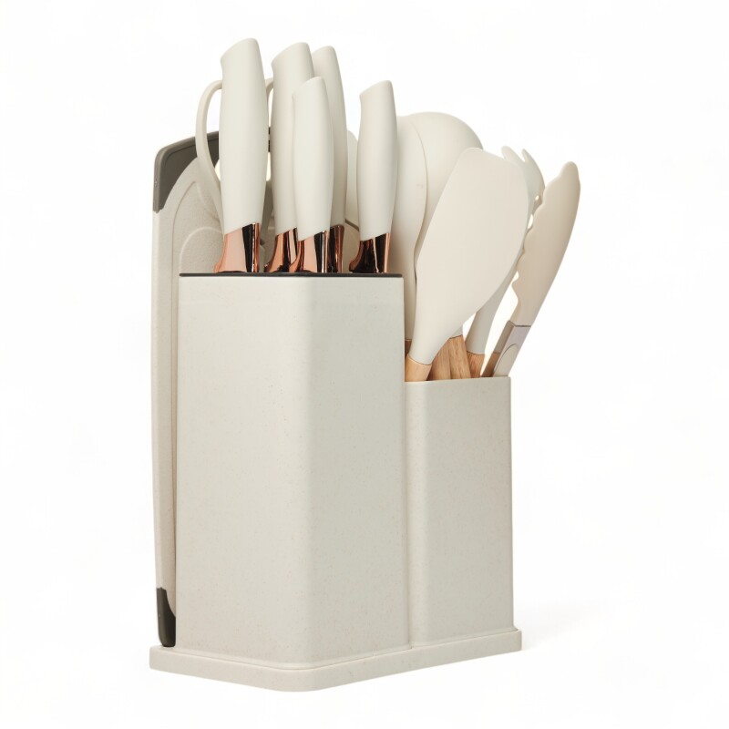 Set 19 Utensilios De Cocina Con Cuchillo Y Tabla Beige