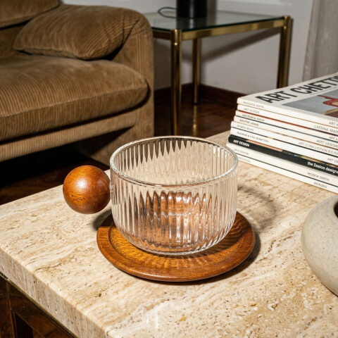 Taza de vidrio acanalada con asa de madera Avellana 200ml Taza de vidrio acanalada con asa de madera Avellana 200ml