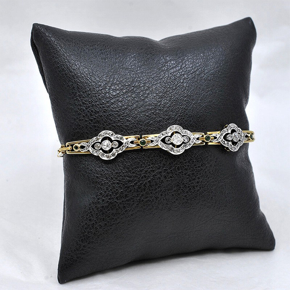 Pulsera Antigua En Oro 18K, Brillantes, Diamantes Y Esmeraldas Pulsera Antigua En Oro 18K, Brillantes, Diamantes Y Esmeraldas