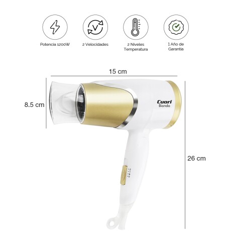 Secador Pelo Plegable Viaje 2 Vel 2 Temp 1200W Cuori Biondo Blanco/dorado